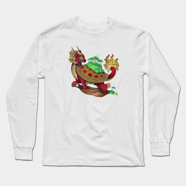 Red Asian Turtle Dragon Long Sleeve T-Shirt by Sandra Staple